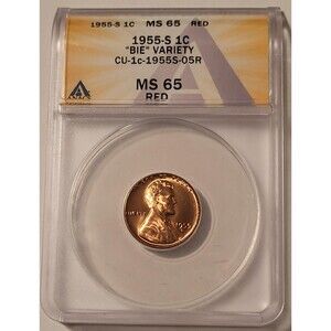 1955 S Lincoln Wheat Cent BIE Variety CU-1c-1955-05R MS65 RED ANACS